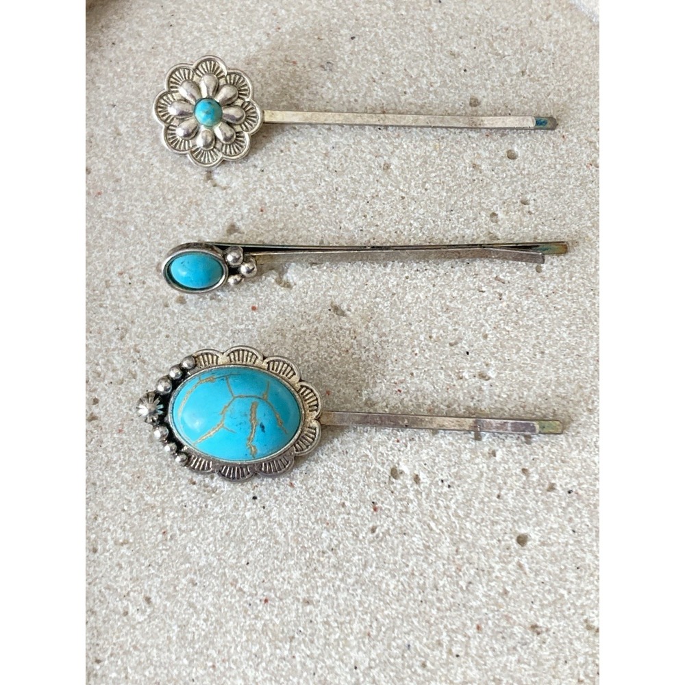 Faux Turquoise Hair Clip Set Of 3 Silver Tone SouthWestern Boho Bobby Pins